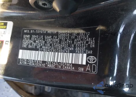 2012 Toyota Corolla Le z USA, uszkodzony, nr VIN 2T1BU4EE8CC889746